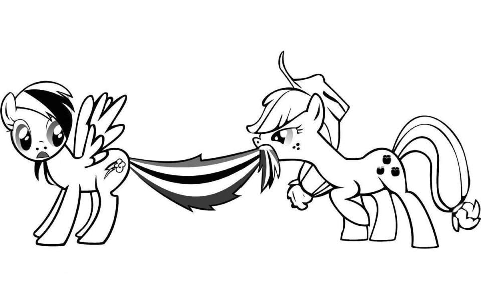 Kolorowanka online: Kolorowanka Applejack gryzie ogon Rainbow Dash